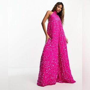 New, ASOS DESIGN Sequin Halter Neck Wide-leg Jumpsuit in Hot Pink, Size 14 ✨